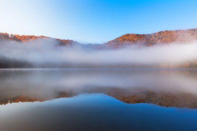 Scenic view of lake and mountains against clear blue sky