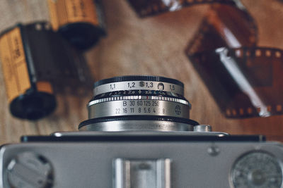 Close-up of camera on table