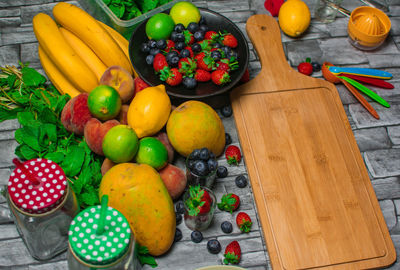 High angle view of various vegetables on table