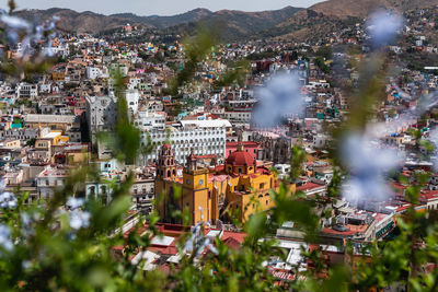 High angle shot of townscape against sky