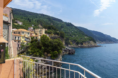 Scenic view of townscape by sea against sky