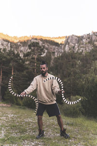 Young man practicing with buugeng