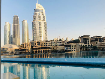 View of swimming pool with buildings in background