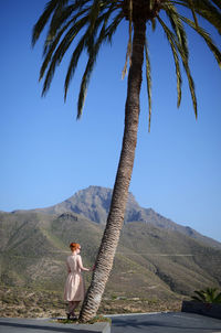 Rear view of man sitting on mountain