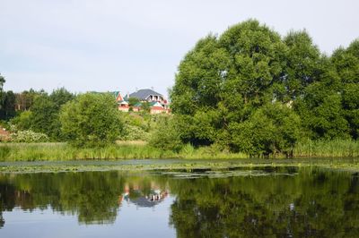 Reflection of trees in lake against sky