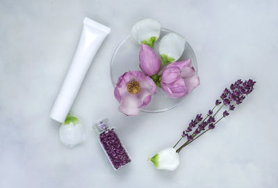 High angle view of pink roses on white table