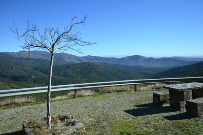 Scenic view of landscape and mountains against clear blue sky