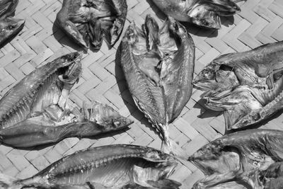 High angle view of dried fish on wicker plate