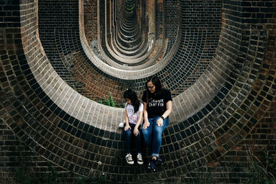High angle view of people walking on street