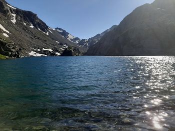 Scenic view of sea and mountains against clear sky