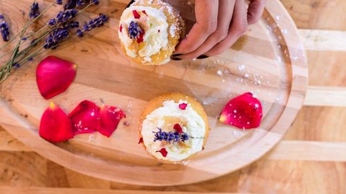 High angle view of dessert on table