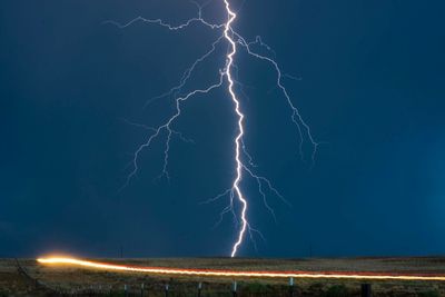 Forked lightning in sky at night