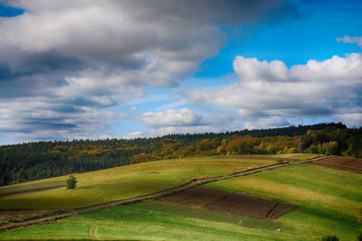 Scenic view of golf course against sky