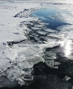 High angle view of frozen water on land