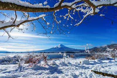 Scenic view of snowcapped mountains against blue sky