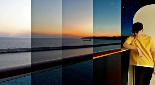 Digital composite image of man standing by sea against sky