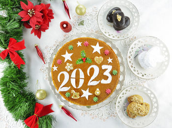 High angle view of christmas decorations on table