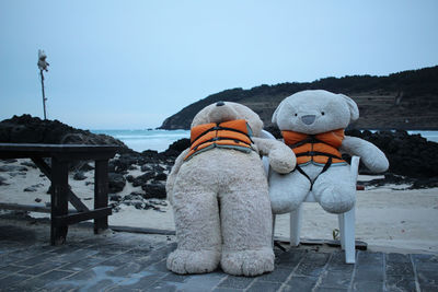 People sitting by sea against clear sky during winter