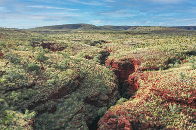 High angle view of land against sky