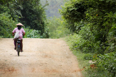 Rear view of woman riding bicycle on road