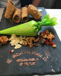 High angle view of vegetables in plate on table
