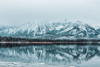 The hopfensee with the allgäu alps in winter. germany.