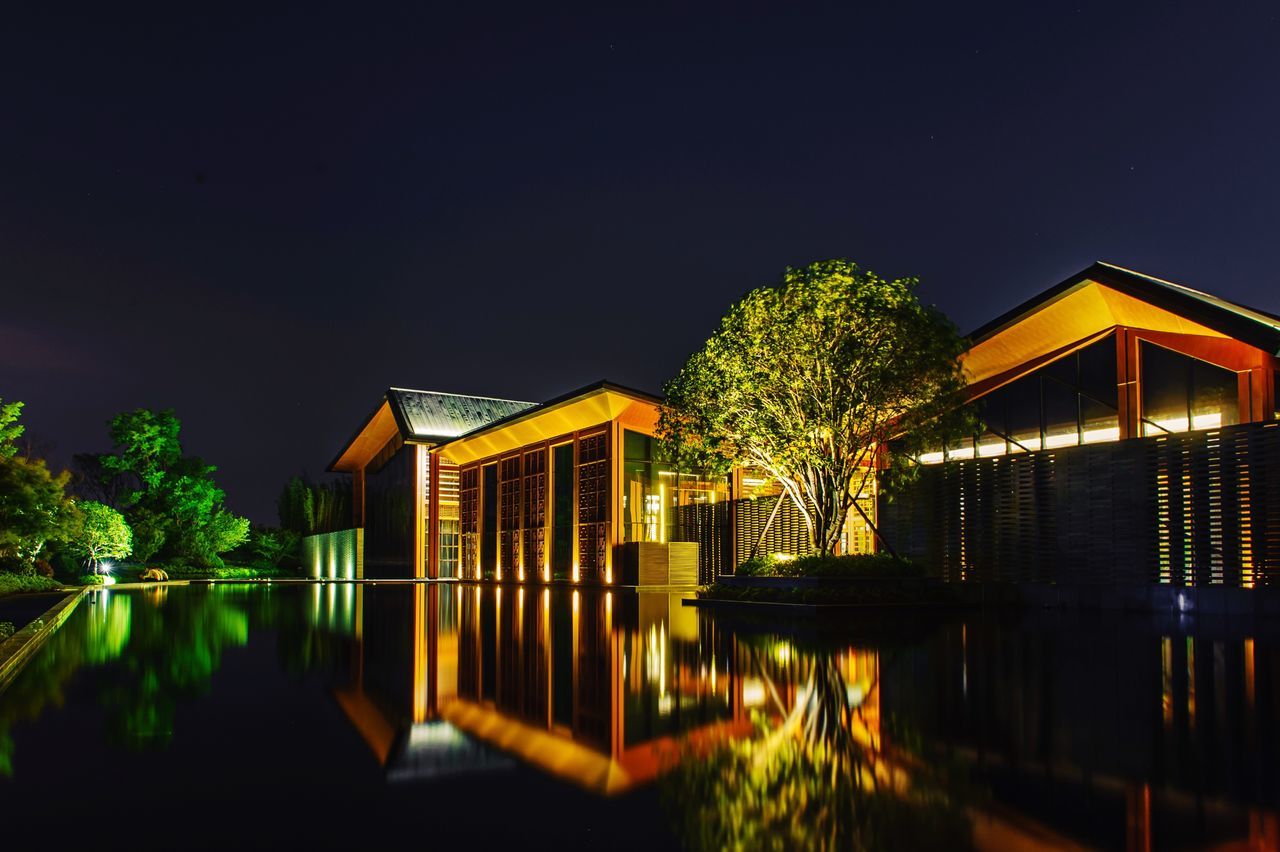 night, illuminated, architecture, water, built structure, building exterior, tree, sky, no people, outdoors