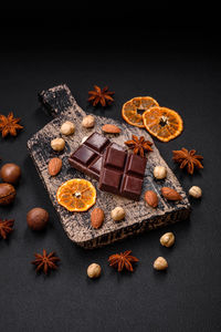 High angle view of christmas decorations on table