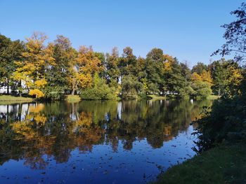 Reflection of trees in lake against sky during autumn