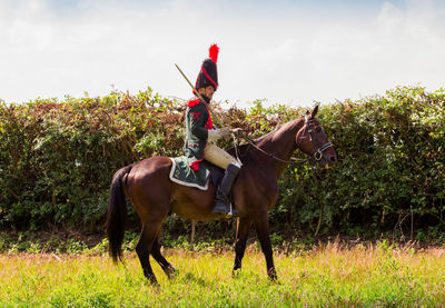 Man riding horse on field