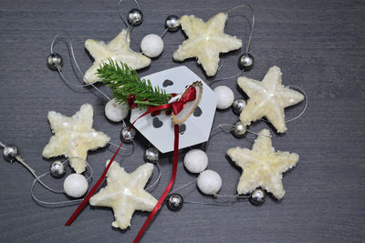 High angle view of christmas decorations on table