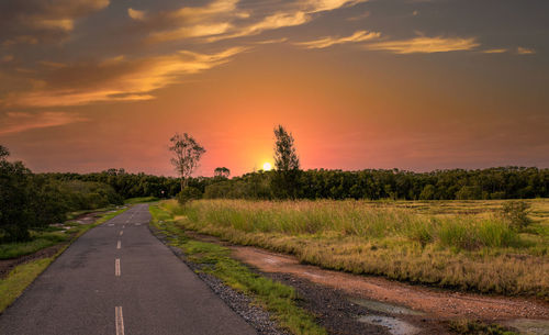 Road amidst plants and trees against sky during sunset