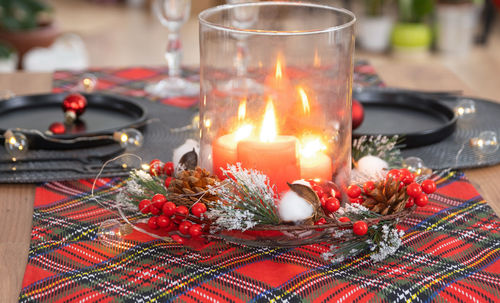 Close-up of illuminated candles on table