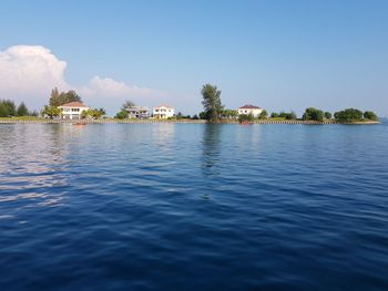 Scenic view of lake against clear blue sky