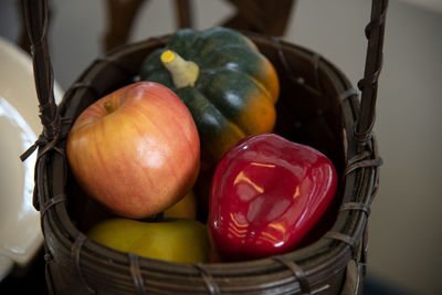 High angle view of apples in basket
