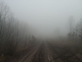 Dirt road amidst trees against sky during foggy weather