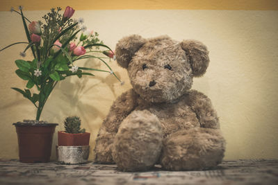 Close-up of stuffed toy on potted plant at home