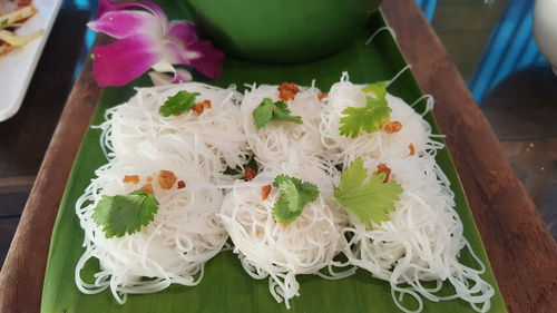 High angle view of salad in plate on table