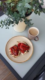 High angle view of breakfast on table