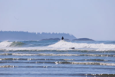 Man surfing in ocean against clear sky