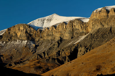 Scenic view of snowcapped mountains against clear blue sky