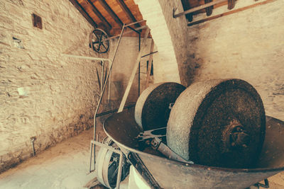 Close-up of old vintage car on wall