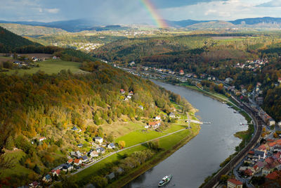 High angle view of lake amidst green landscape against sky