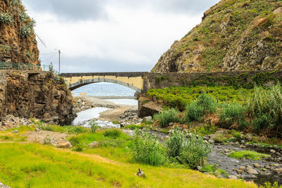 Bridge over river against sky