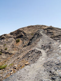 Rock formations on landscape against clear blue sky