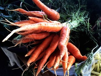 High angle view of carrots in market