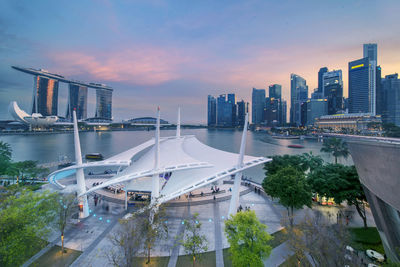 High angle view of buildings against sky during sunset