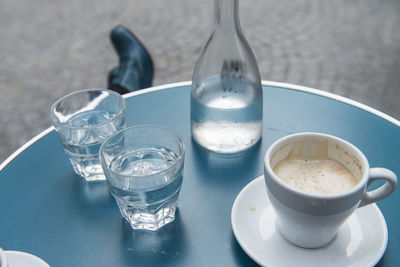 High angle view of water in glass on table