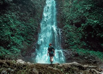 Full length rear view of man standing by waterfall in forest