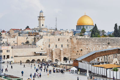 View of the wailing wall and the dome of the rock in jerusalem.  jewish and arab religions.